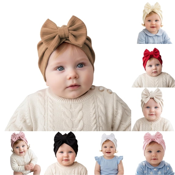 Krdevn Vertical Stripe Baby Turban Hat Big Matching Fabric Bow Soft Stretchy Warm Knit Head Wrap Cap for Toddler Girls
