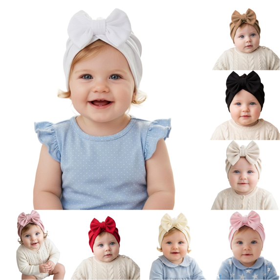 Krdevn Vertical Stripe Baby Turban Hat Big Matching Fabric Bow Soft Stretchy Warm Knit Head Wrap Cap for Toddler Girls