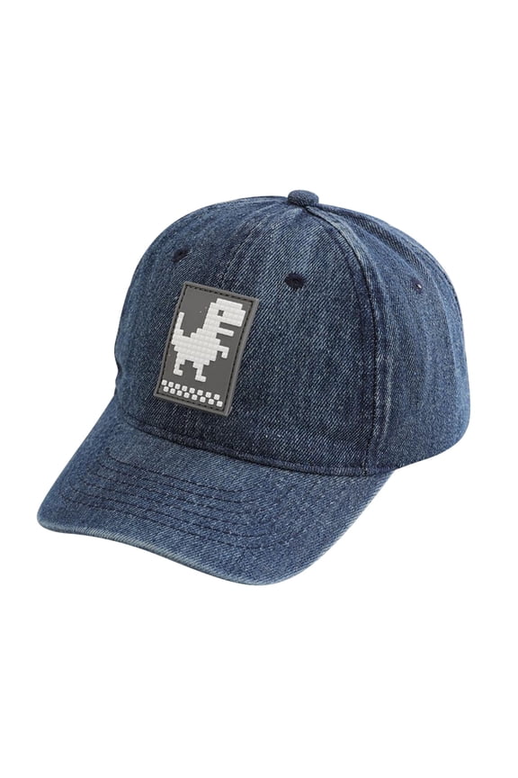 Krdevn Washed Denim Kids Baseball Cap Pixel Dinosaur Rubber Patch UPF50+ Adjustable Boys Outdoor Sun Hat Size:2-8 Years