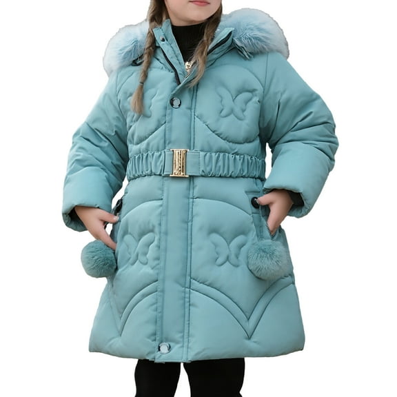 Krdevn Winter Warmth Girls Long Padded Coat with Belted Waist Thick Lined Outerwear for Cold Weather,Size:5-6 Years