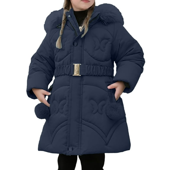 Krdevn Winter Warmth Girls Long Padded Coat with Belted Waist Thick Lined Outerwear for Cold Weather,Size:9-10 Years