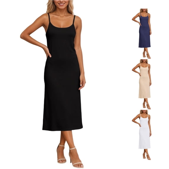 Krdevn Women Adjustable Strap Midi Cami Dress Soft Slim Fit Solid Basic Dress Loungewear Nightgown,Black