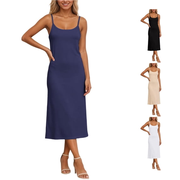 Krdevn Women Adjustable Strap Midi Cami Dress Soft Slim Fit Solid Basic Dress Loungewear Nightgown,Navy