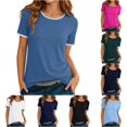 thumbnail image 1 of Krdevn Women Contrast Crew Neck Short Sleeve T Shirts Classic Ringer Basic Casual Tops,Blue, 1 of 4