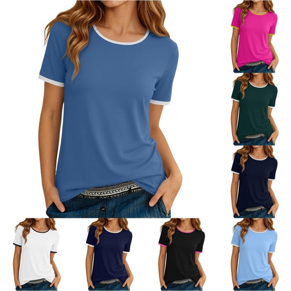 Krdevn Women Contrast Crew Neck Short Sleeve T Shirts Classic Ringer Basic Casual Tops,Blue