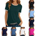 thumbnail image 1 of Krdevn Women Contrast Crew Neck Short Sleeve T Shirts Classic Ringer Basic Casual Tops,Green, 1 of 4