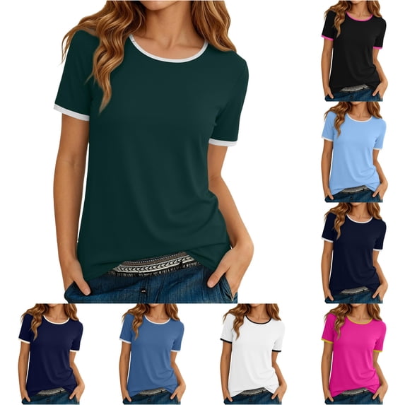 Krdevn Women Contrast Crew Neck Short Sleeve T Shirts Classic Ringer Basic Casual Tops,Green