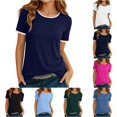 thumbnail image 1 of Krdevn Women Contrast Crew Neck Short Sleeve T Shirts Classic Ringer Basic Casual Tops,Navy, 1 of 4