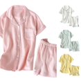 thumbnail image 1 of Krdevn Women Double Gauze Pajama Set, Notch Collar Short Sleeve Top & Shorts Solid Loose Plus Size Loungewear,Pink, 1 of 7