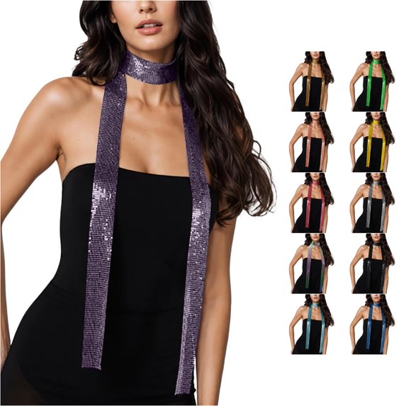 Krdevn Women Glitter Sparkle Metal Sequins Neck Tie Scarf Party Evening Long Thin Tie Shawls Neckerchief