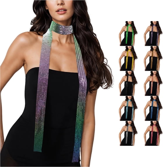 Krdevn Women Glitter Sparkle Metal Sequins Neck Tie Scarf Party Evening Long Thin Tie Shawls Neckerchief