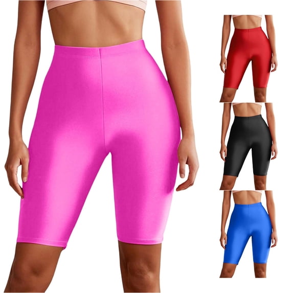 Krdevn Women High Waist Biker Shorts, Stretch Knee Length Solid Workout Yoga Shorts for Gym Training,Hot Pink