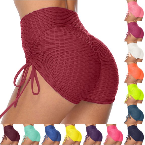 Krdevn Women High Waist Bubble Textured Yoga Shorts, Adjustable Ruched Butt Lifting Stretch Workout Shorts for Gym,Red