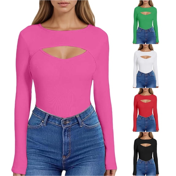 Krdevn Women Long Sleeve Cutout Front T Shirts Slim Fit Stretchy Crew Neck Casual Solid Basic Tops,Red2