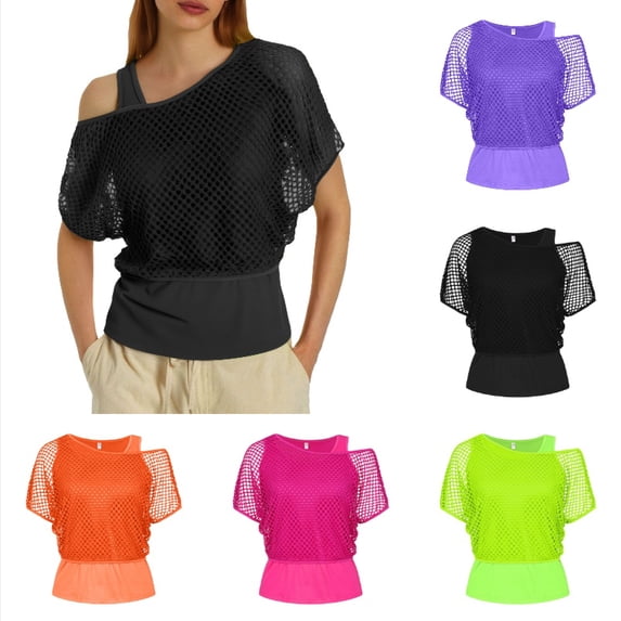 Krdevn Women Neon Mesh 2 Piece Top Set, Asymmetric Cold Shoulder Short Sleeve Fishnet Overlay Camisole for Party,Black