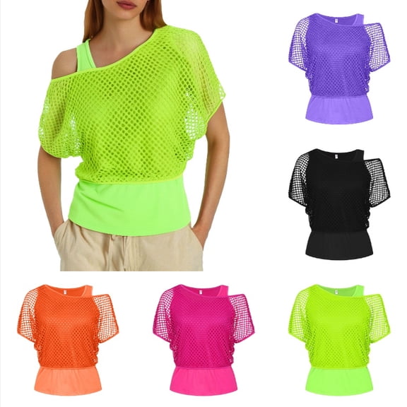 Krdevn Women Neon Mesh 2 Piece Top Set, Asymmetric Cold Shoulder Short Sleeve Fishnet Overlay Camisole for Party,Green