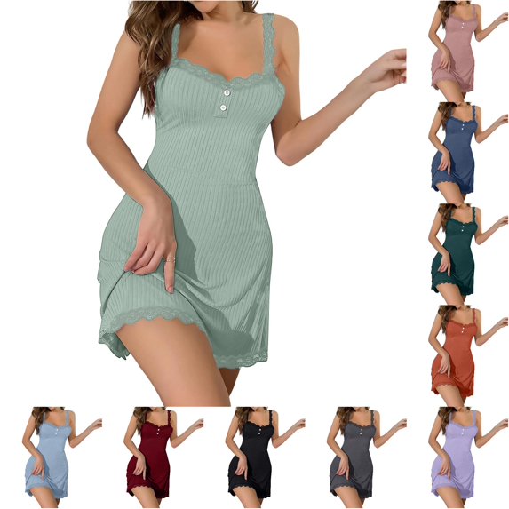 Krdevn Women Ribbed Lace Cami Nightgown Button Front Slim Fit Mini Sleep Dress Solid Breathable Loungewear,Light Green