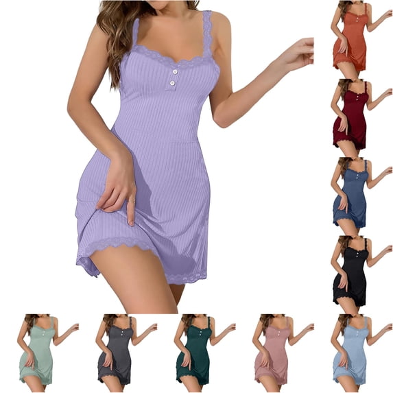 Krdevn Women Ribbed Lace Cami Nightgown Button Front Slim Fit Mini Sleep Dress Solid Breathable Loungewear,Purple