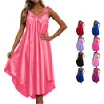 thumbnail image 1 of Krdevn Women Satin Ice Silk Cami Nightgown Ruffle V Neck Irregular Hem Loose Midi Sleep Dress Summer Loungewear,Watermelon Red, 1 of 4