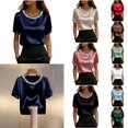 thumbnail image 1 of Krdevn Women Satin Pearl Collar Blouse, Short Puff Sleeve Solid Elegant Slim Fit Shirt for Office Work,Dark Blue, 1 of 5