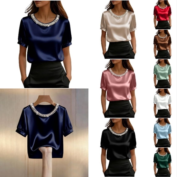 Krdevn Women Satin Pearl Collar Blouse, Short Puff Sleeve Solid Elegant Slim Fit Shirt for Office Work,Dark Blue