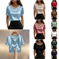 thumbnail image 1 of Krdevn Women Satin Pearl Collar Blouse, Short Puff Sleeve Solid Elegant Slim Fit Shirt for Office Work,Light Blue, 1 of 5