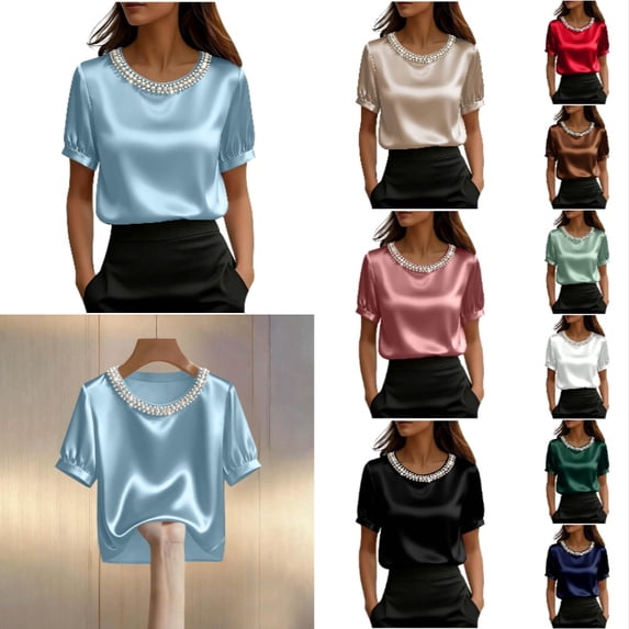 Krdevn Women Satin Pearl Collar Blouse, Short Puff Sleeve Solid Elegant Slim Fit Shirt for Office Work,Light Blue