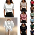 thumbnail image 1 of Krdevn Women Satin Pearl Collar Blouse, Short Puff Sleeve Solid Elegant Slim Fit Shirt for Office Work,White, 1 of 5