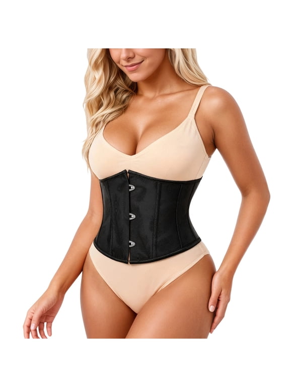 Krdevn Women Satin Waist Cincher Corset, Front Busk Closure Lace Up Back Body Shaper Tummy Control Underbust Shapewear,Black