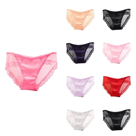 Krdevn Women Sheer Mesh Lace Panties Satin Front with Delicate Lace Mid-Low Waist Traceless Underwear,L