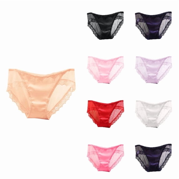 Krdevn Women Sheer Mesh Lace Panties Satin Front with Delicate Lace Trim Mid-Low Waist Traceless Underwear,M