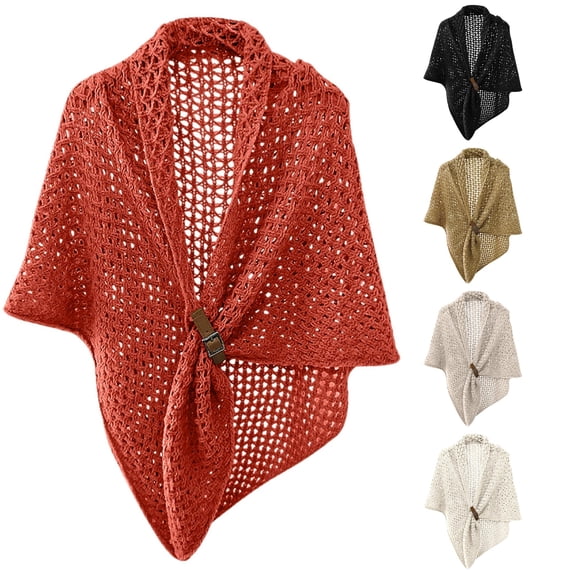 Krdevn Women Solid Hollow Knit Triangle Shawl, Fashion Cape Wrap With Leather Buckle For Daily Street Outfit