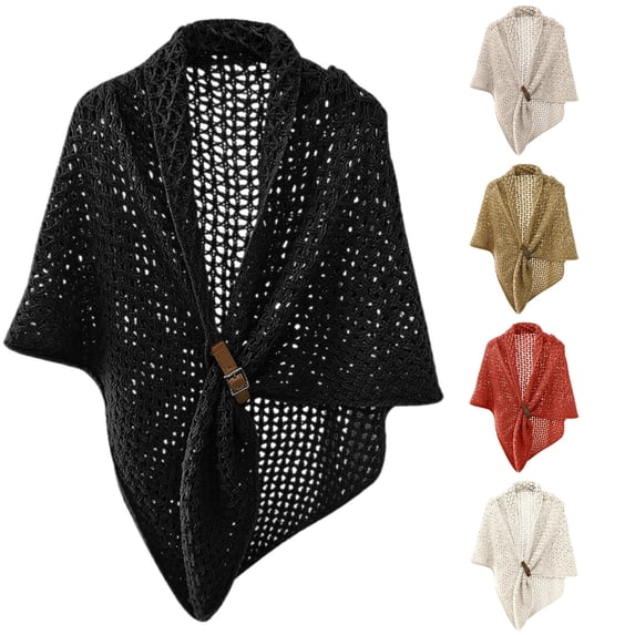 Krdevn Women Solid Hollow Knit Triangle Shawl, Fashion Cape Wrap With Leather Buckle For Daily Street Outfit