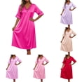 thumbnail image 1 of Krdevn Women Solid Ice Silk Nightgown Short Sleeve Lace V Neck Loose Midi Sleep Dress Summer Loungewear,Hot Pink, 1 of 3