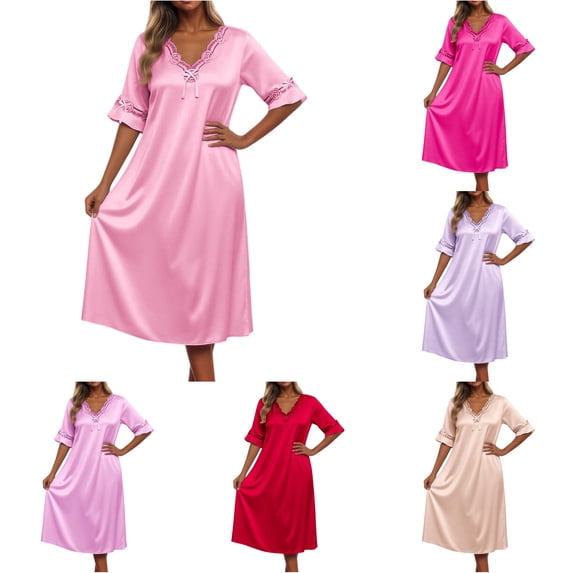 Krdevn Women Solid Ice Silk Nightgown Short Sleeve Lace V Neck Loose Midi Sleep Dress Summer Loungewear,Pink