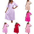 thumbnail image 1 of Krdevn Women Solid Ice Silk Nightgown Short Sleeve Lace V Neck Loose Midi Sleep Dress Summer Loungewear,Purple, 1 of 4