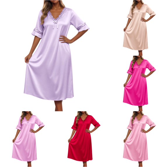 Krdevn Women Solid Ice Silk Nightgown Short Sleeve Lace V Neck Loose Midi Sleep Dress Summer Loungewear,Purple