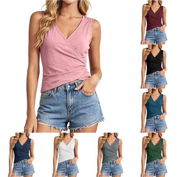 Krdevn Women Solid Sleeveless V Neck Wrap Tank Top Casual Slim Fit Daily Summer Blouse,Pink