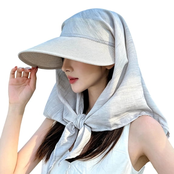 Krdevn Women Straw Sun Hat with Tie Scarf, Wide Brim Windproof Neck Flap Hat for Summer Beach Travel