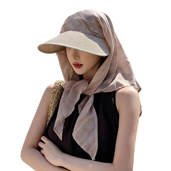 Krdevn Women Straw Sun Hat with Tie Scarf, Wide Brim Windproof Neck Flap Hat for Summer Beach Travel