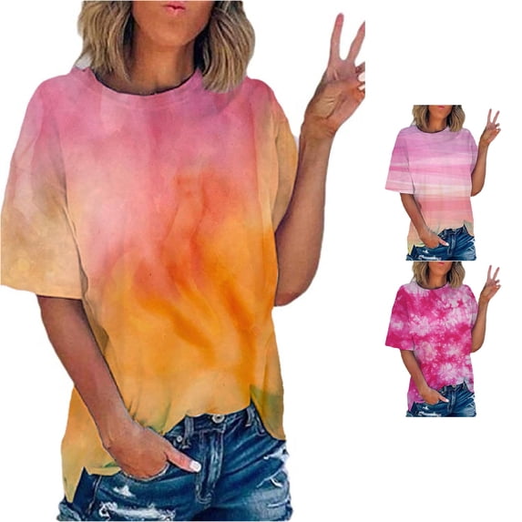 Krdevn Women Tie Dye Print Short Sleeve T Shirt Casual Loose Fit Gradient Color Tees Tops,Orange
