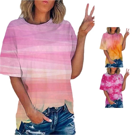 Krdevn Women Tie Dye Print Short Sleeve T Shirt Casual Loose Fit Gradient Color Tees Tops,Pink