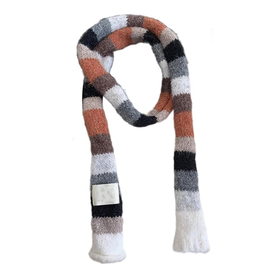 Krdevn Women Y2K Color Block Stripe Scarf, Mohair Knit Slim Neck Wrap, Fall Winter Decorative Narrow Scarves for Outfit