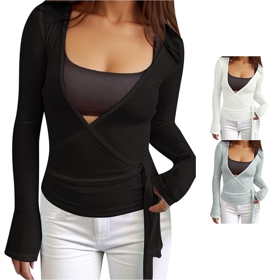 Krdevn Women Y2K Wrap Tie Long Sleeve Top, Deep V Neck Cropped Slim Shirts for Yoga Daily Workout Outfits,Black