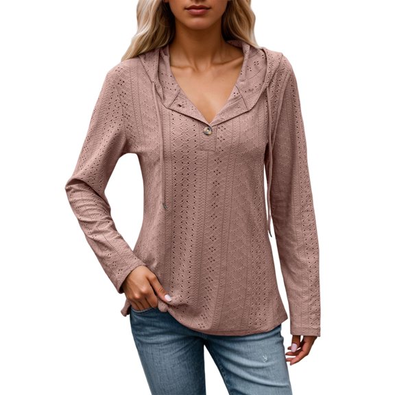 Krdevn Women's Casual Long Sleeve Hooded Button Down T Shirt Comfortable Versatile Pure Color Top for Daily Wear Outfit,Women's Tops, Tees & Blouses,Size:L