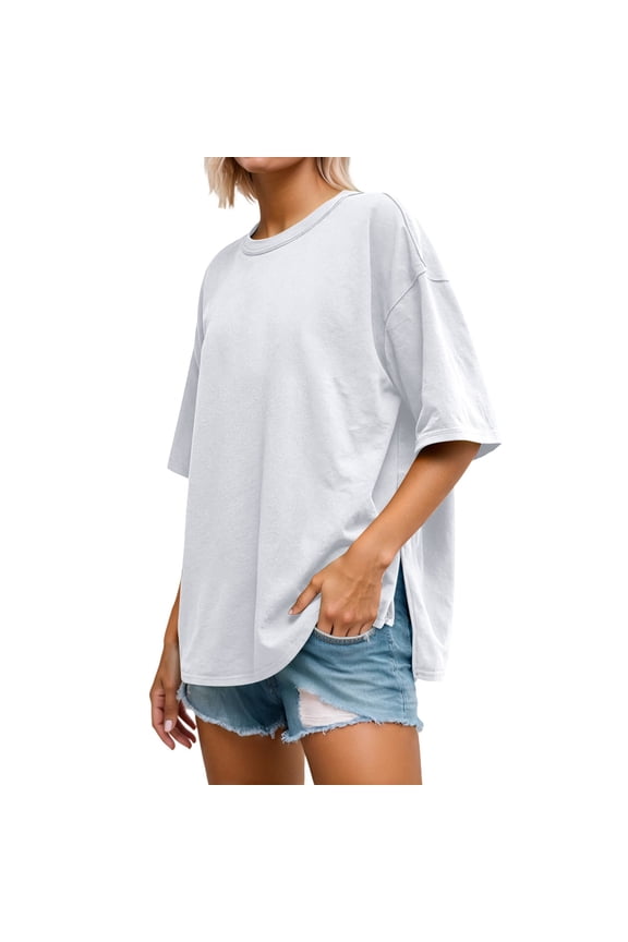 Women's Casual Loose Fit Patch Back Design Short Sleeve Round Neck T Shirt Comfortable Pure Color Blouse Top for Daily Wear,Women's Tops, Tees & Blouses,Size:L