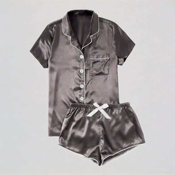 Krdevn Women's Casual Silk Satin Pajamas Short Sleeve Button Up Top & Shorts Set Contrast Piping Sleepwear Nightwear,L