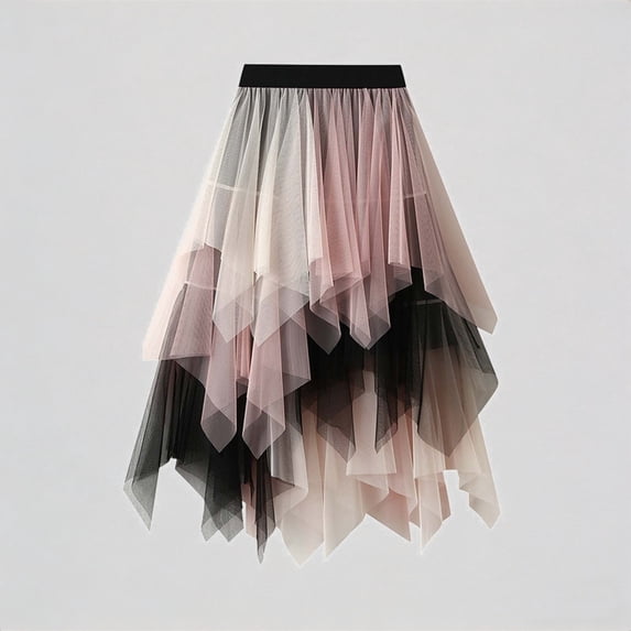 Krdevn Women's Color Block Tulle Midi Skirt Elastic Waist Layered Asymmetrical Casual Party Skirt,One Size