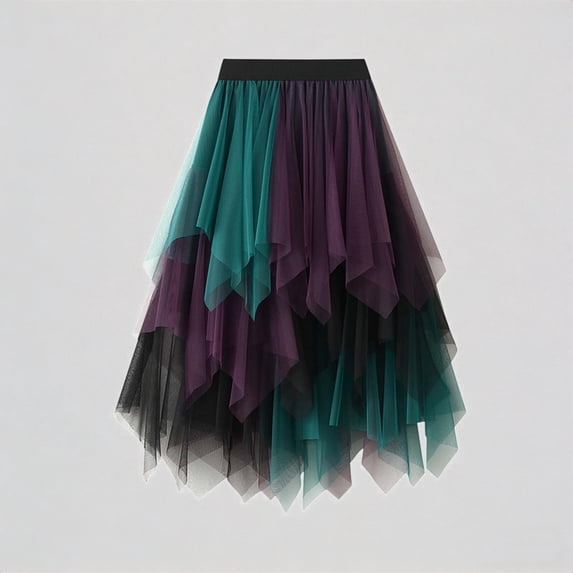 Krdevn Women's Color Block Tulle Midi Skirt Elastic Waist Layered Asymmetrical Casual Party Skirt,One Size