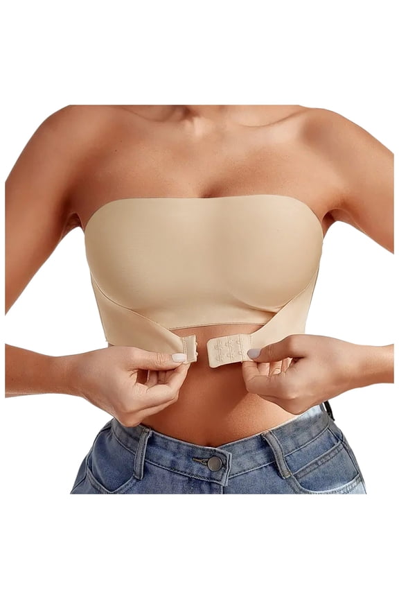Women's Convertible Strapless Bra Front Hook Seamless Invisible Comfort Bra Backless Adhesive Bralette,Color: Beige Size: L